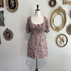 Fame & Partners Animal Print Smocked Linen Blend Mini Dress Size 6